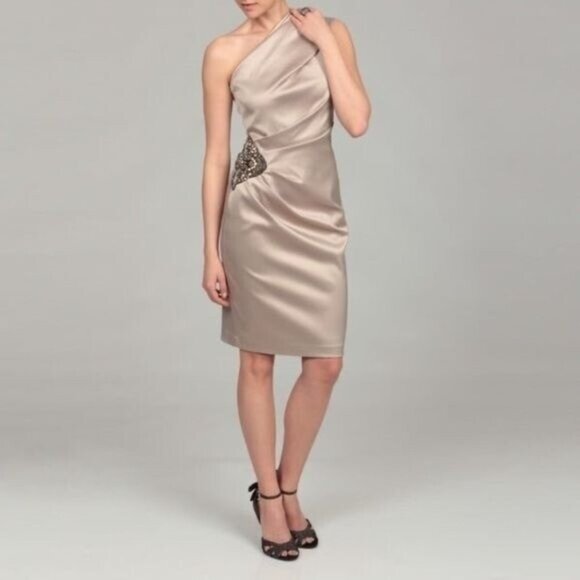 Eliza J One Shoulder Cocktail Dress 4 Jeweled Champagne Gold Party Satin - Picture 2 of 8